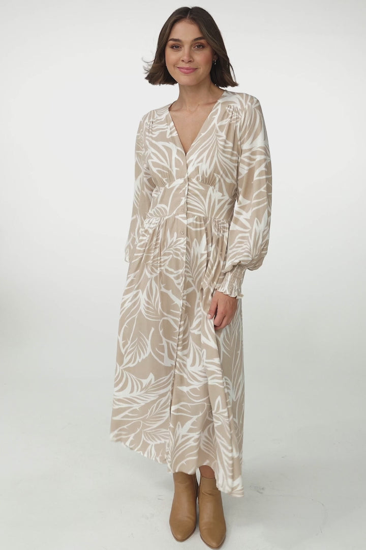 Jolie Midi Dress - V Neck Buttoned Down Long Sleeve Dress in Jeani Print Beige