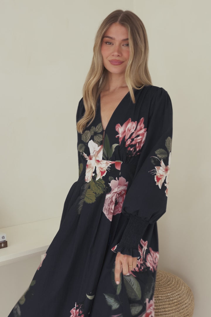 Romaine Midi Dress - V Neck Balloon Sleeve Dress with Shirred Elasticated Cuffs in Mika Print Navy