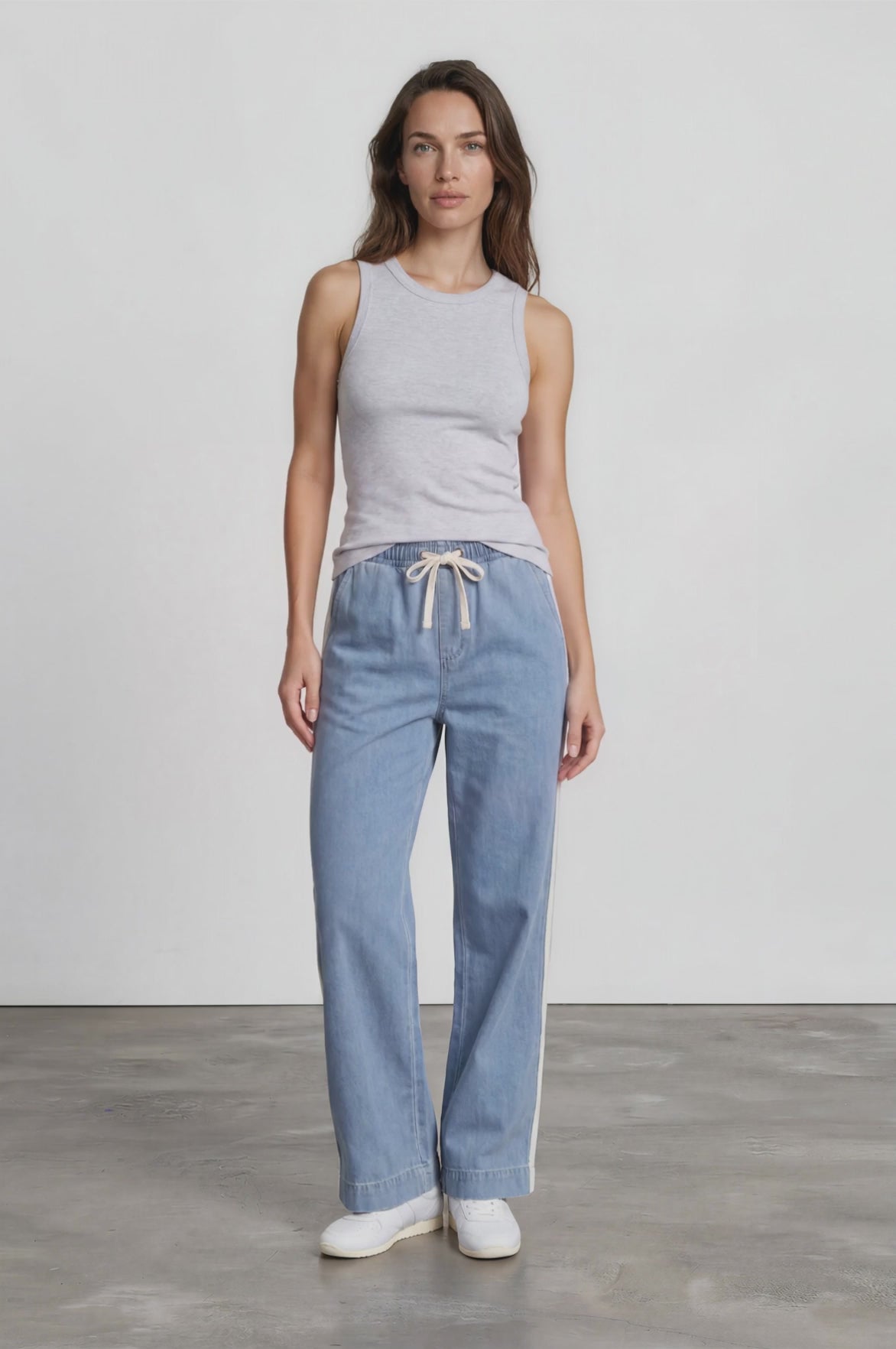 Jakoda Jeans - Elasticated High Waisted Denim Pants with Contrast Stripe in Light Denim