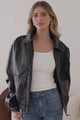 Liano Jacket - Notched Collar PU Leather Constrast Stitch Utility-Style Jacket in Brown