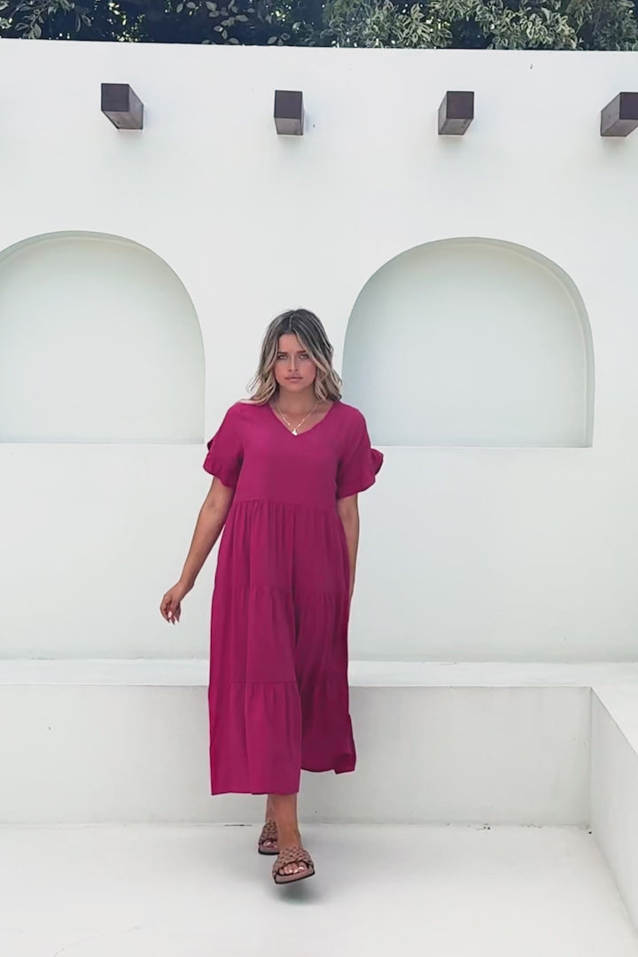 Ame Midi Dress - V Neck Frill Sleeve Tiered Dress in Magenta