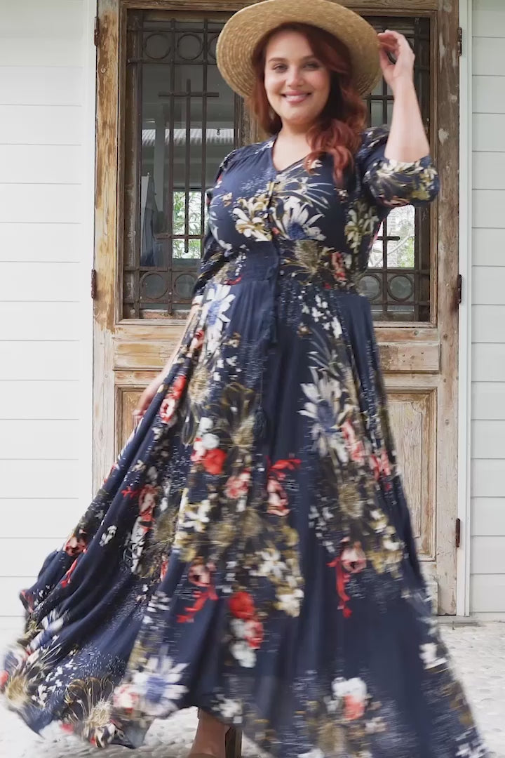 JAASE - Indiana Maxi Dress: Lace Back Shirred Waist A Line Dress with Handkercheif Hemline in Indigo Print