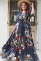 JAASE - Indiana Maxi Dress: Lace Back Shirred Waist A Line Dress with Handkerchief Hemline in Indigo Print