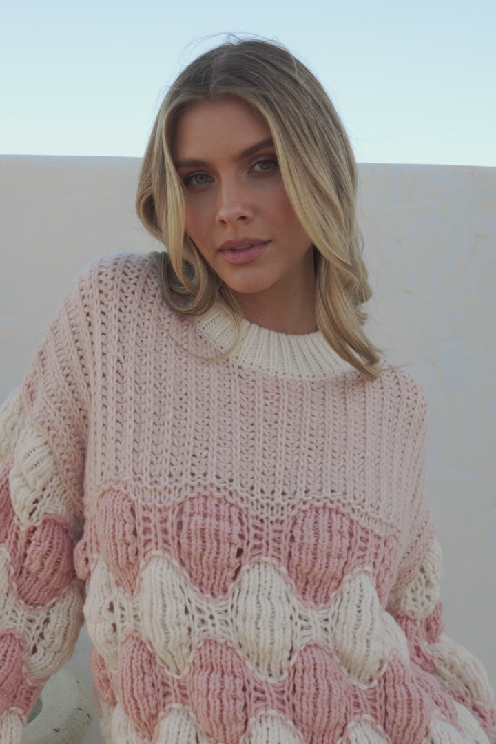 Eleanora Jumper - Crew Neck Bubble Sleeve Stripe Knit Jumper in Pink