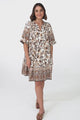 Evie Mini Dress - 3/4 Sleeve Tiered Smock Dress in Djonga Print Beige