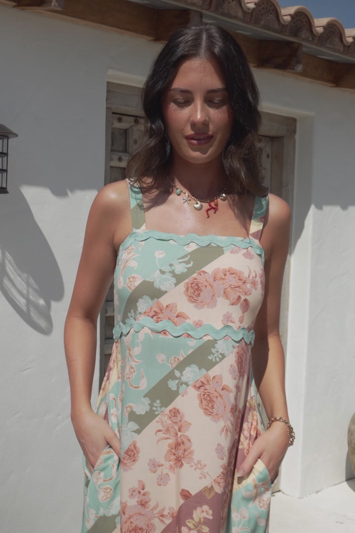 Bionda Midi Dress - Ric Rac Spliced Sun Dress with Adjustable Straps in Clavelle Print