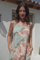 Bionda Midi Dress - Ric Rac Spliced Sun Dress with Adjustable Straps in Clavelle Print