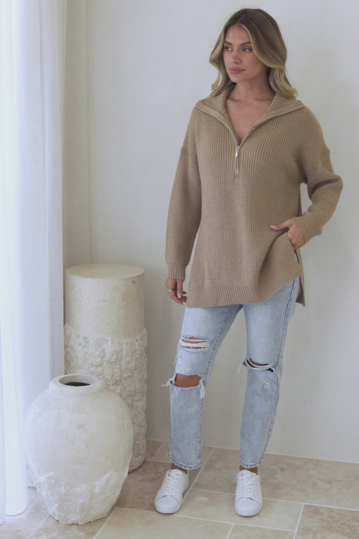 Lorelai Jumper - Chunky Collar with Zipper Detail Long Knit Jumper in Camel