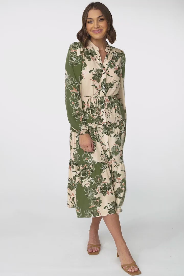 Milie Midi Dress - Mandarin Collar Button Down Dress With Belt In Dora Print Green