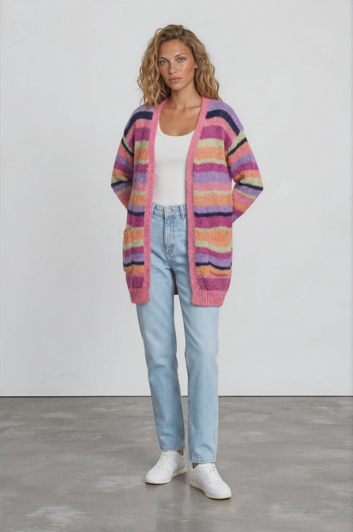 Iggy Cardigan - Open Front Stripe Knit with Pockets in Hot Pink Multi