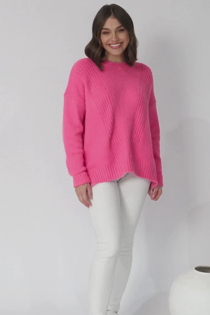 Taytum Jumper - Ribbed Pattern Detail Pull Over Knit Jumper in Pink