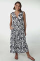 Fifi Midi Dress - Mandarin Collar Sleeveless Button Down Dress in Luvira Print Navy