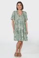 Abilia Mini Dress - Mandarin Collar Buttoned Bodice Smock Dress in Havanna Print in Green