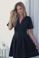 Leanne Mini Dress - V Neck A Line Dress with Pleated Skirt in Dark Denim