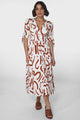 Nelli Midi Dress - V Neckline A Line Dress with Tie Detail Sleeve in Daley Print Terracotta