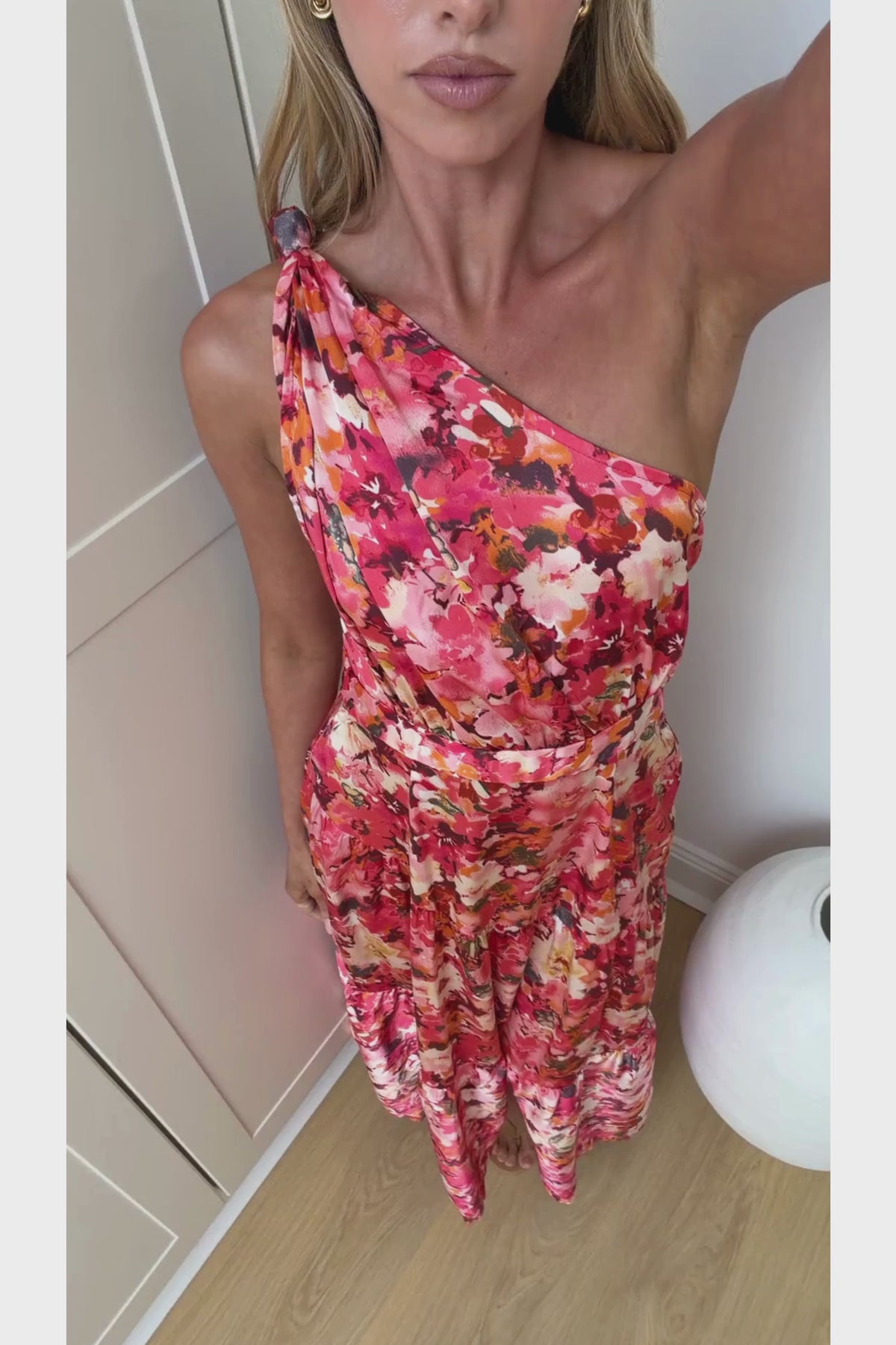 Darcy Midi Dress - One Shoulder A Line Dress with Pockets in Riviera Print Pink
