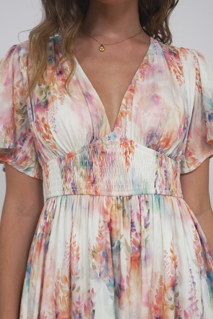 Glades Maxi Dress - V Neck Shirred Waist A Line Dress in Helena Print