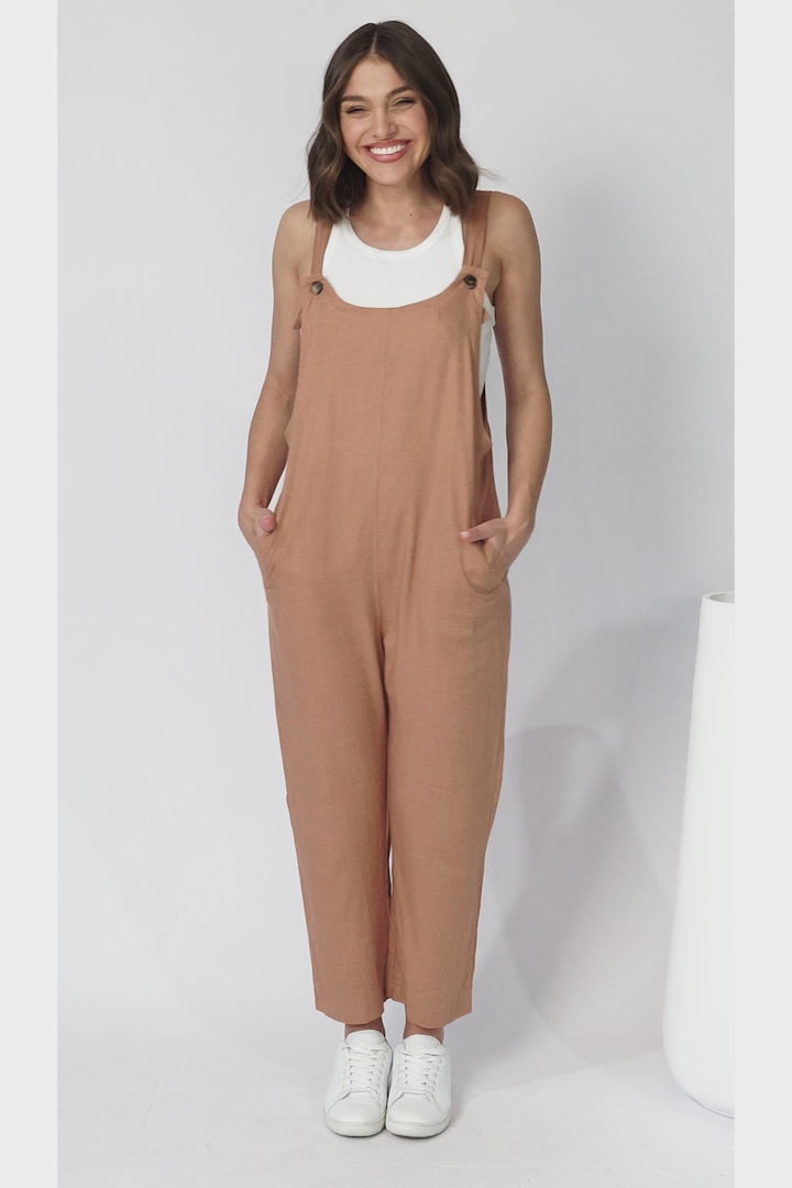 Tulum Jumpsuit - Linen Blend Overalls Pockets in Tan