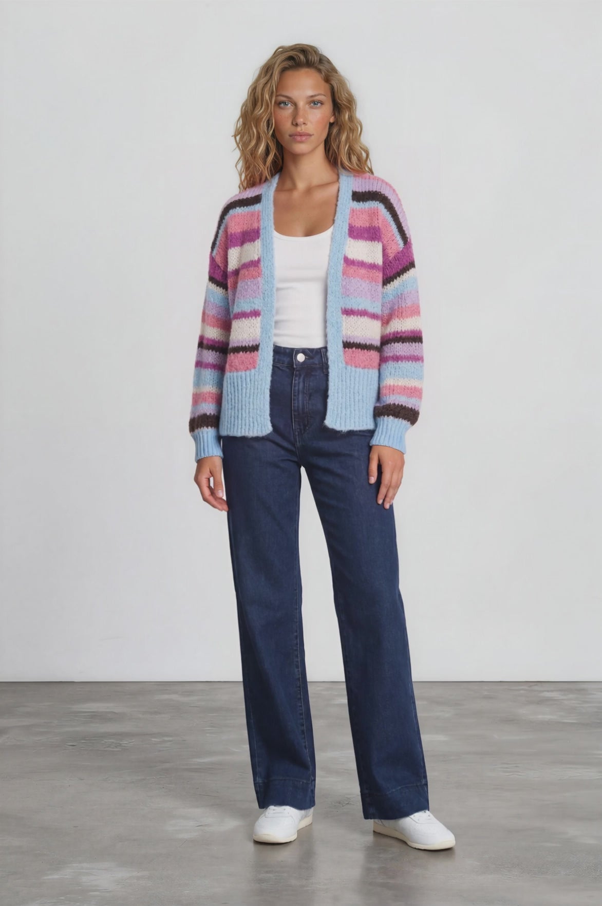 Soren Cardigan - Open Front Striped Knit with Rib Knit Trim in Blue