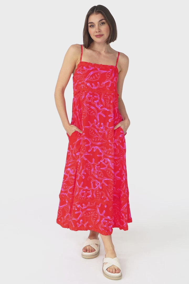 Marlin Midi Dress - Rick Rack Splicing Sun Dress with Adjustable Straps in Sanaz Print Red