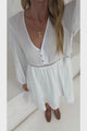Liana Mini Dress - V Neck Empire Crochet Trim Waist Dress with Balloon Sleeves in White