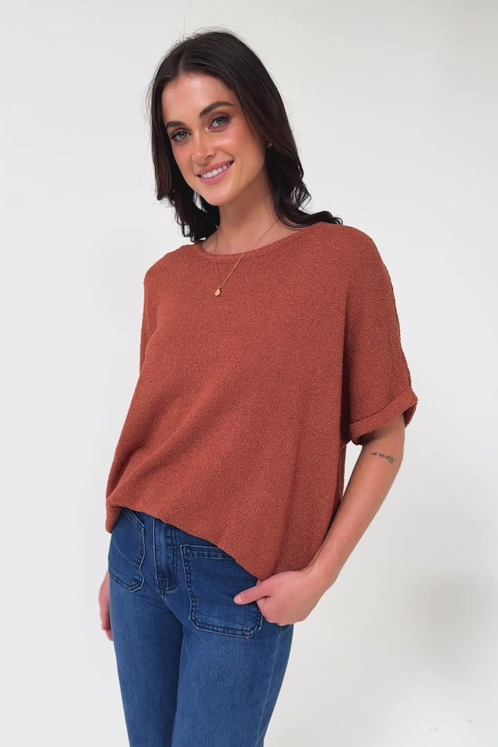 Andre Top - Crew Neck Slouchy Knit Top with Cuffed Short Sleeves in Rust