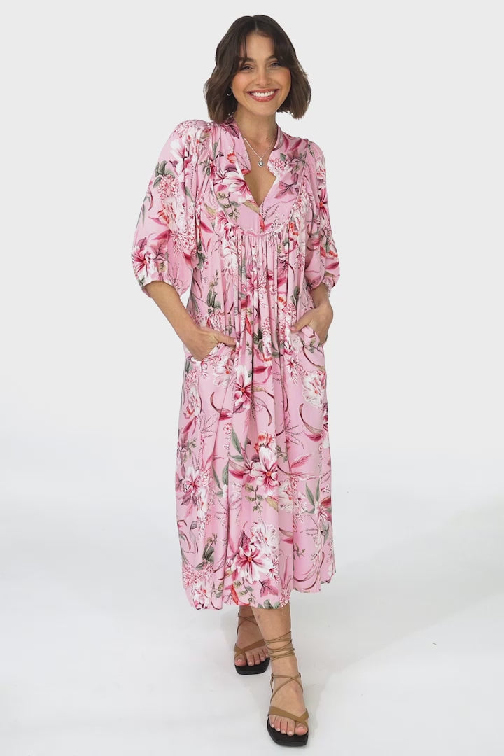 JAASE - Boheme Midi Dress: Piping Defined Bust Slimline Smock Dress In Pink Lotus