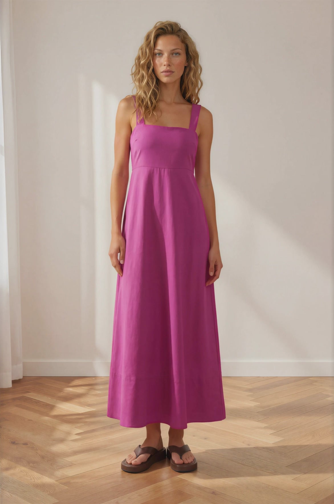 Faris Midi Dress - Tie Up Strap Cotton Sun Dress in Purple