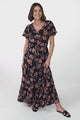 Hanna Maxi Dress - Cap Sleeve Tiered A Line Dress with Toggle Detailed Waist Tie in Halara Print Black