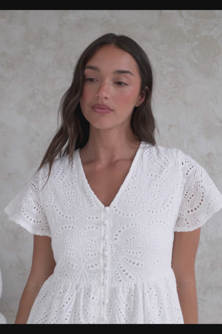 Marcy Mini Dress - Embroidered Button Down Dress with Cap Sleeves in White