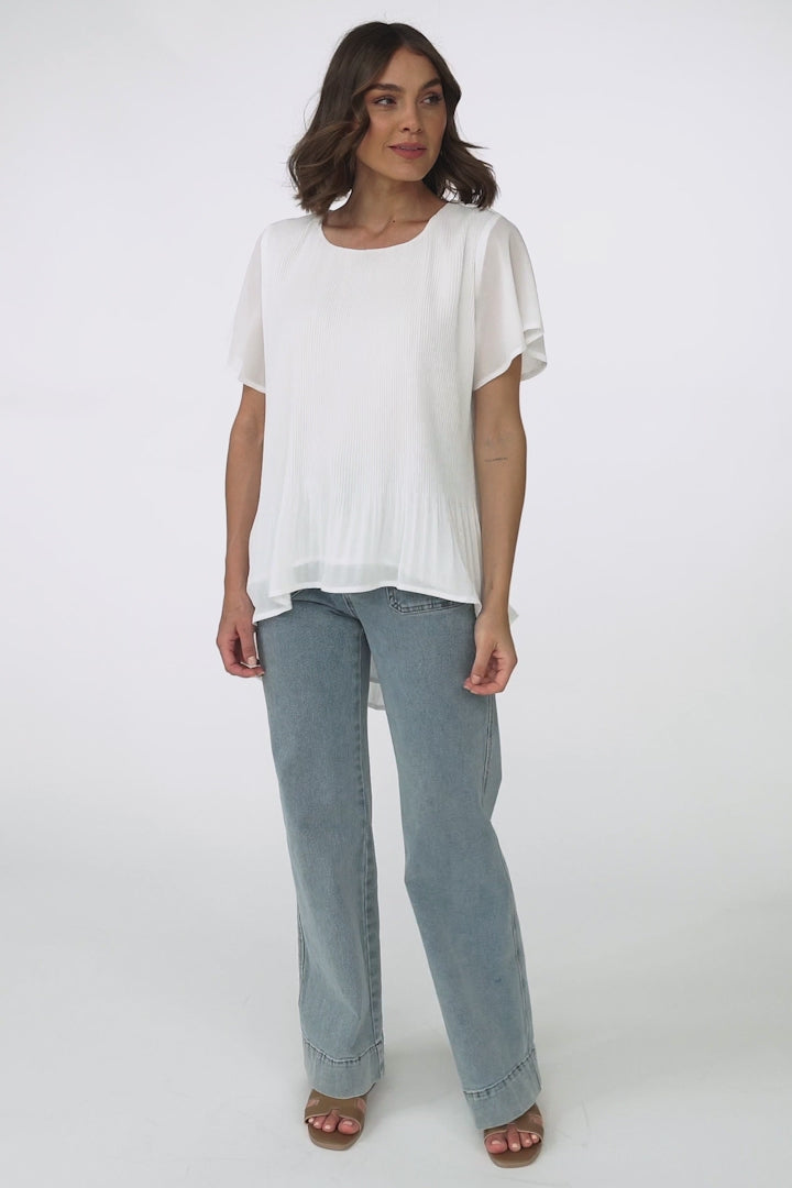 Alek Blouse - Plisse Cap Sleeve Top with High-Low Hemline in White