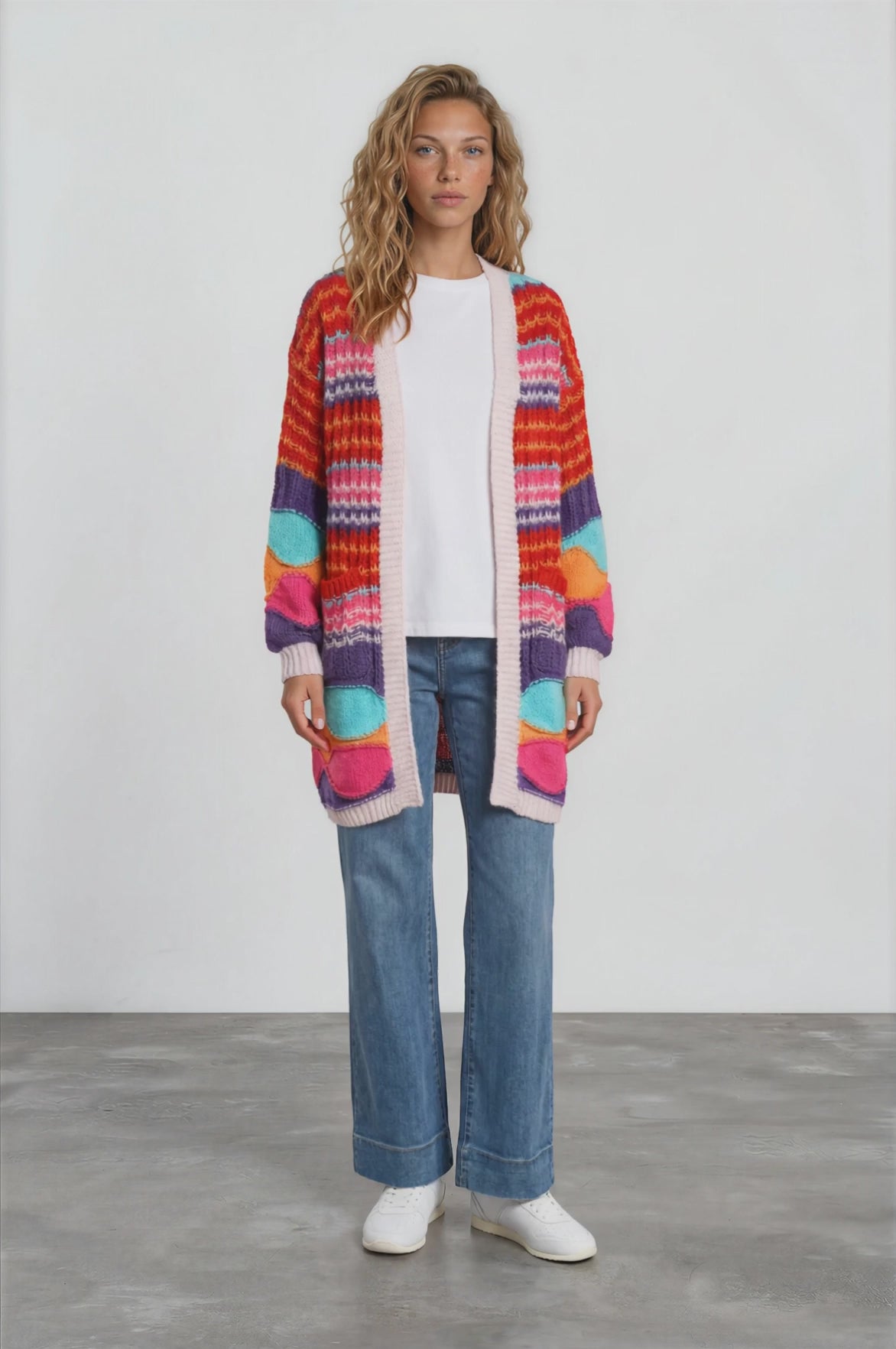 Bellatrix Cardigan - Open Front Multicoloured Stripe Knit with Pockets in Pink