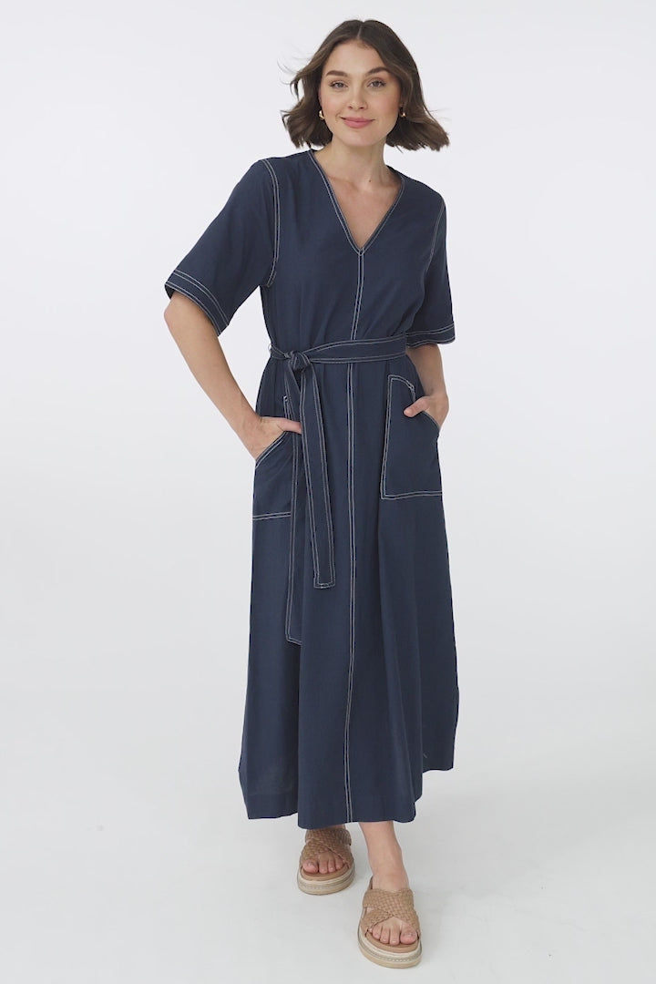 Davis Maxi Dress - Contrast Stitch Cotton Dress with Matching Belt in Navy