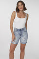 Georgia Distressed Detail Long Denim Shorts in Mid Wash Denim