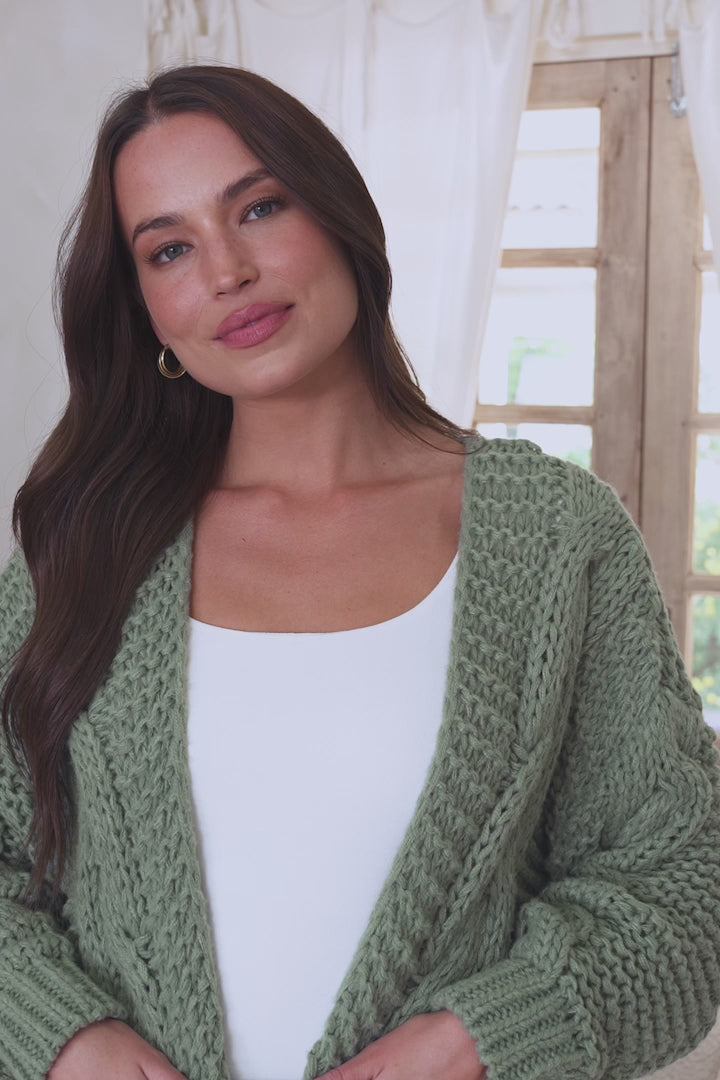 Elias Cardigan - Open Front Thick Cable Knit with Pockets in Sage