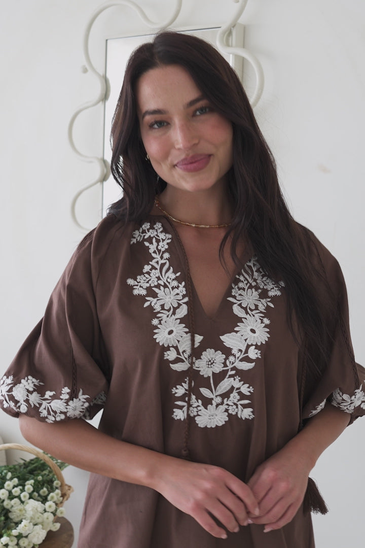 Model wearing Margerie Top in Chocolate from Salty Crush