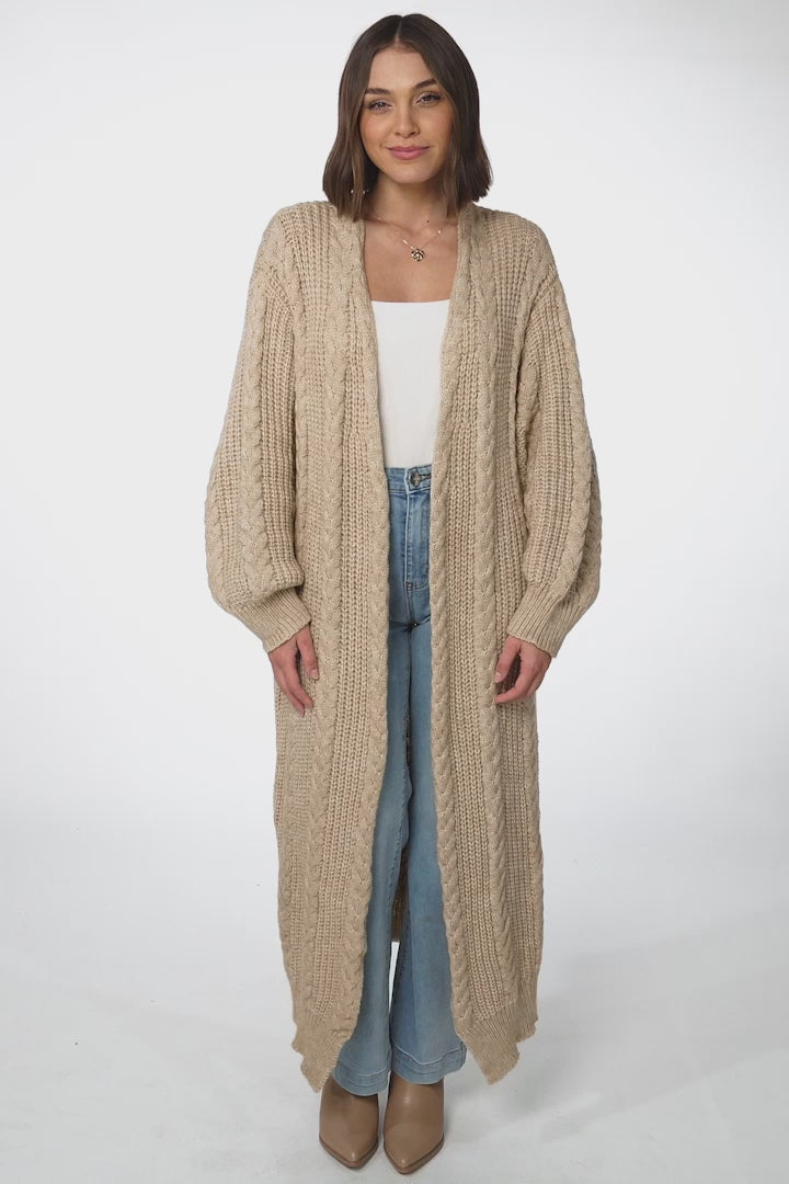 Ginelle Cardigan - Longline Open Front Cable Knit Cardigan in Mocha