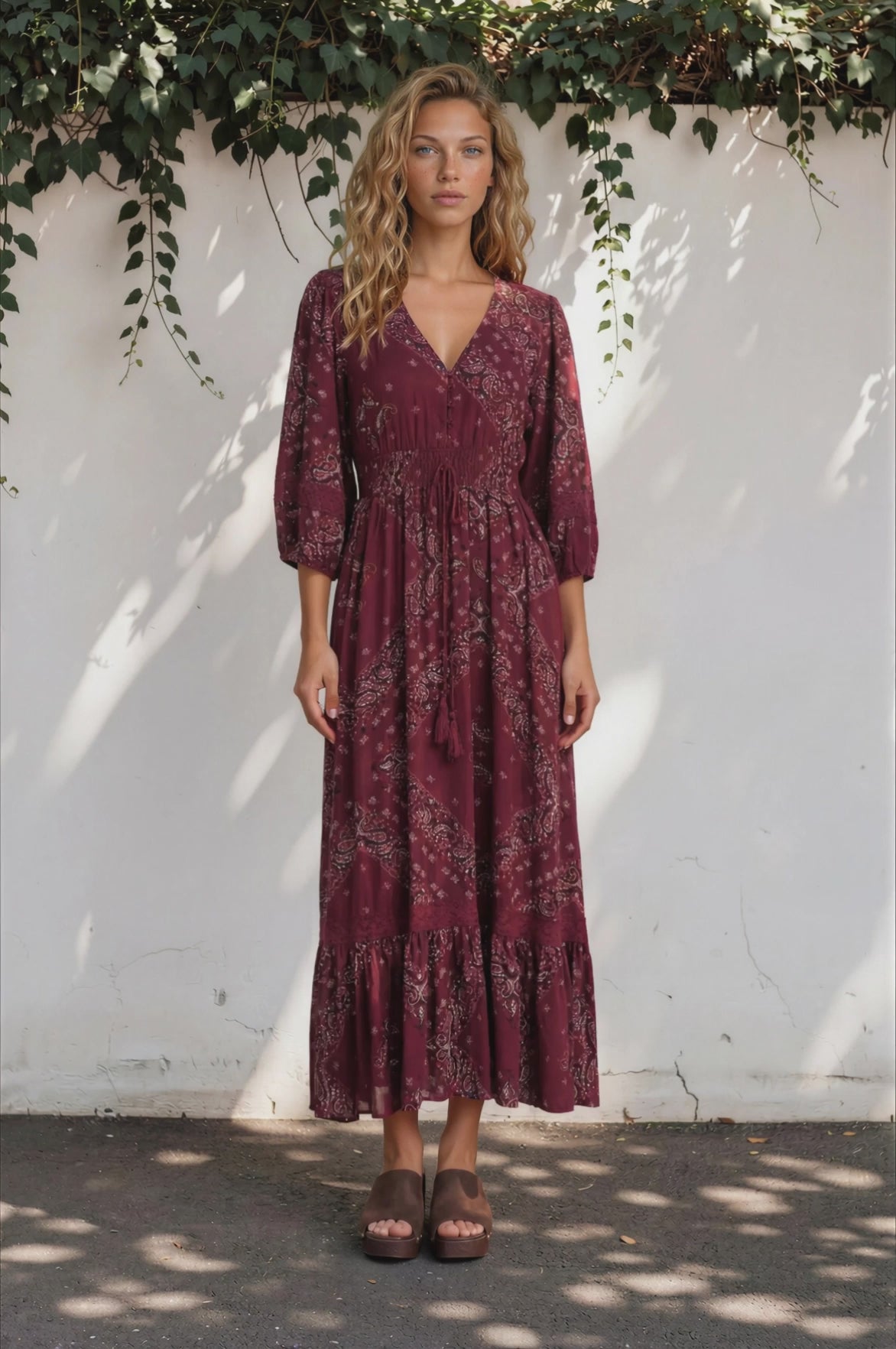 Kiaba Maxi Dress - V-Neck Buttoned Bodice 3/4 Sleeve A-Line Dress with Lace Inserts in Vilma Print Wine