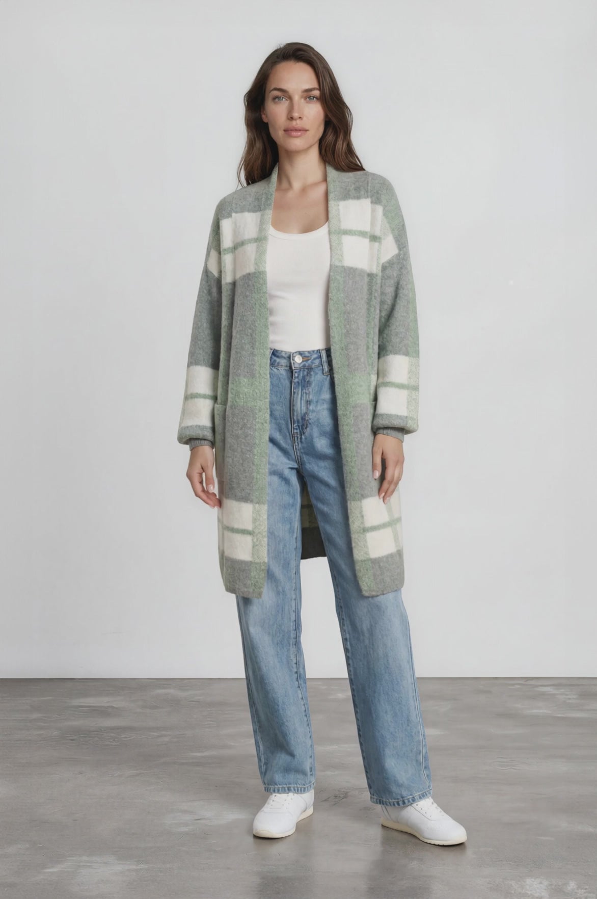 Heath Cardigan - Shawl Collar Open Front Checkered Cardigan in Green/White