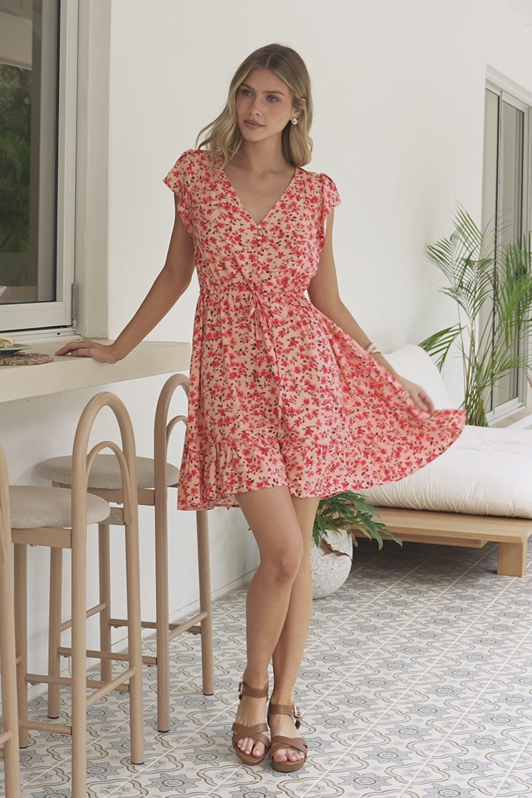 Hetta Mini Dress - V Neck Dress with Adjustable Tie Waist and Flutter Cap Sleeves in Montie Print
