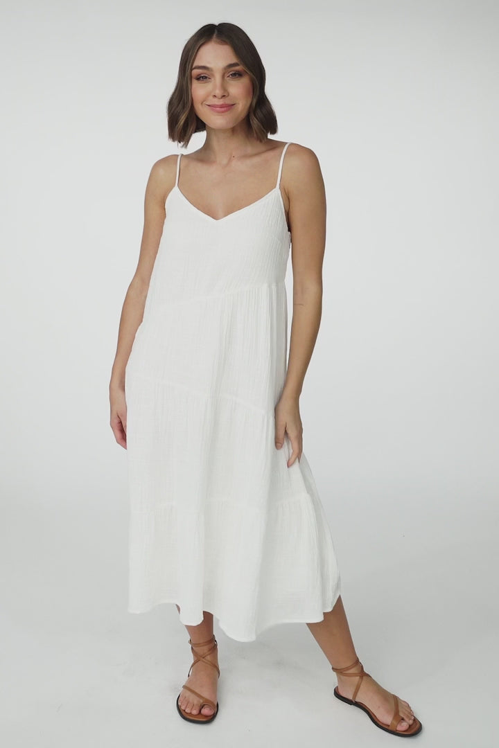 Rinley Midi Dress - Adjustable Strap Tiered Dress in White