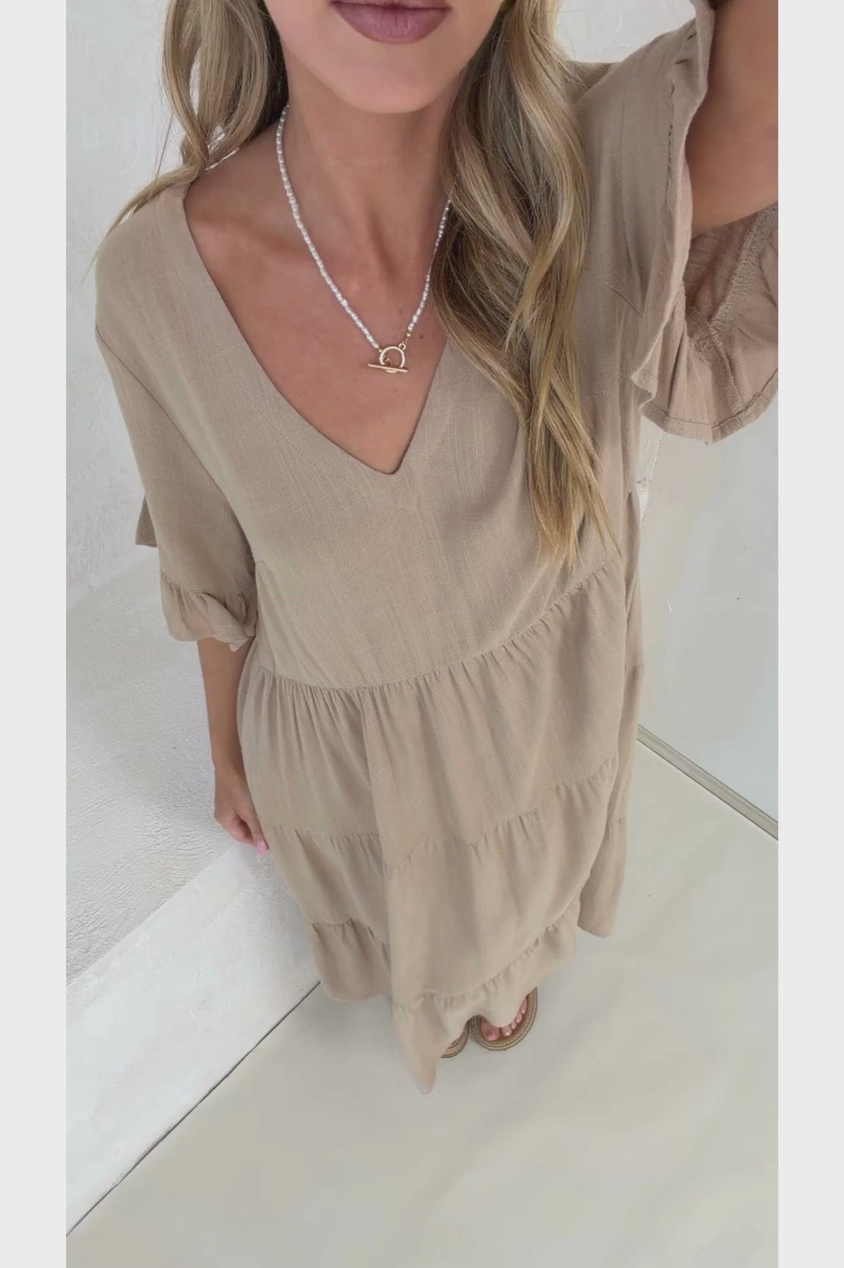 Audrina Midi Dress - Pull Over V Neck Tiered Dress with Pockets in Camel