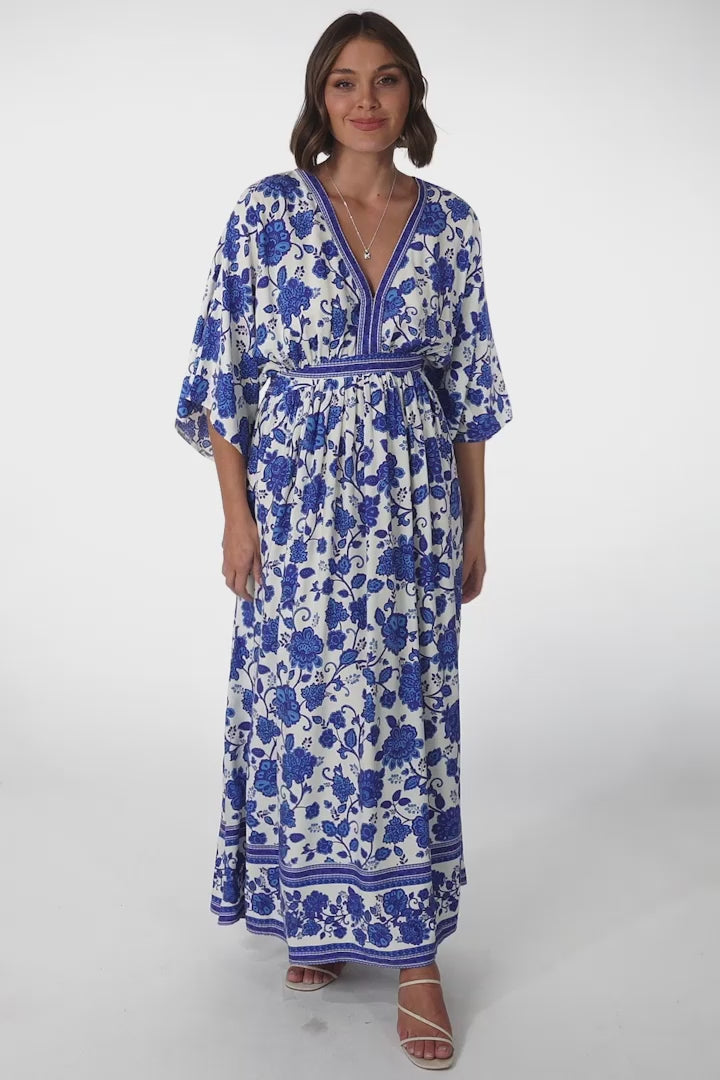 Zelle Maxi Dress - V Neck Batwing Sleeve Dress with Side Splits in Kailin Print Blue