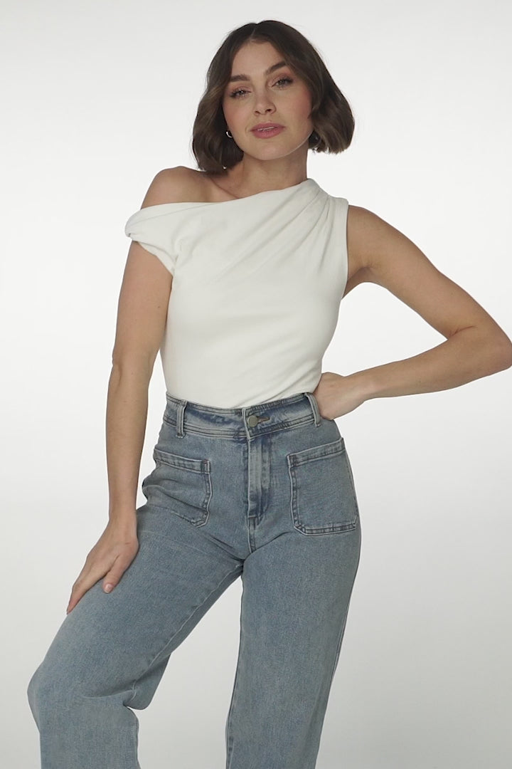 Cassie Top - Aysmmetric Neckline One Shoulder Knit Top in White