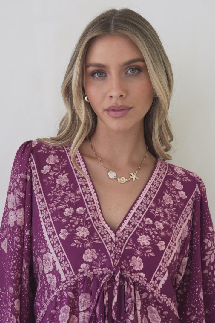 Joelle Top - V Neck High-Low Top in Briella Print in Berry