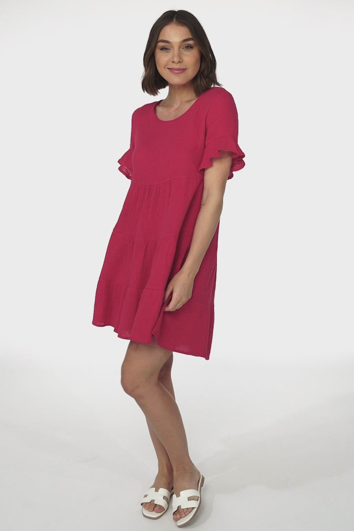 Cora Mini Dress - Cheesecloth Cotton Tiered Smock Dress with Frill Sleeves in Red