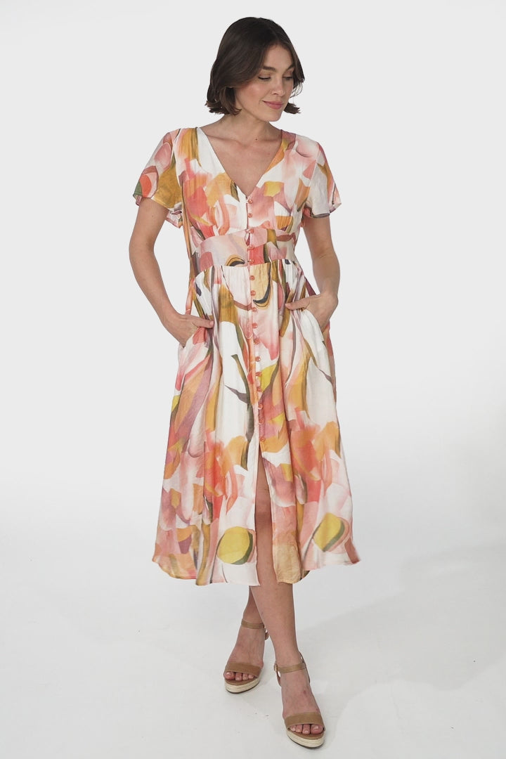 Aurelia Midi Dress - V Neckline Cap Sleeve Button Down A Line Dress in Marise Print