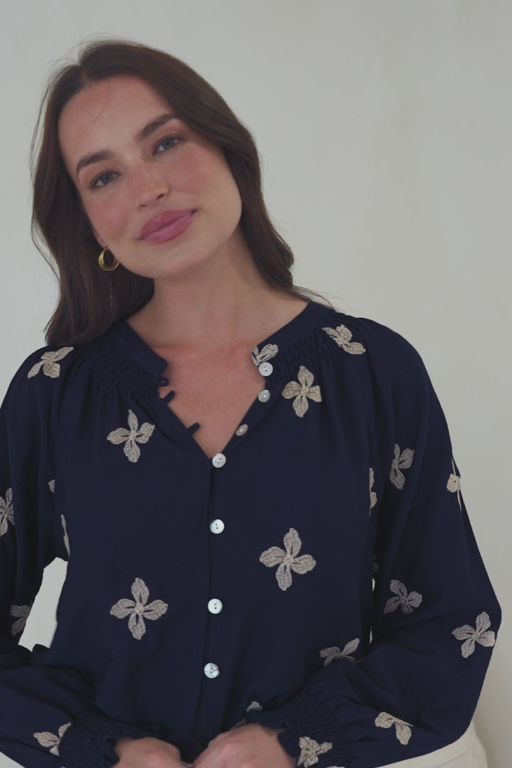 LaBrea Blouse - Mandarin Collar Button Down Embroidered Floral Detailing in Gigi Print Navy