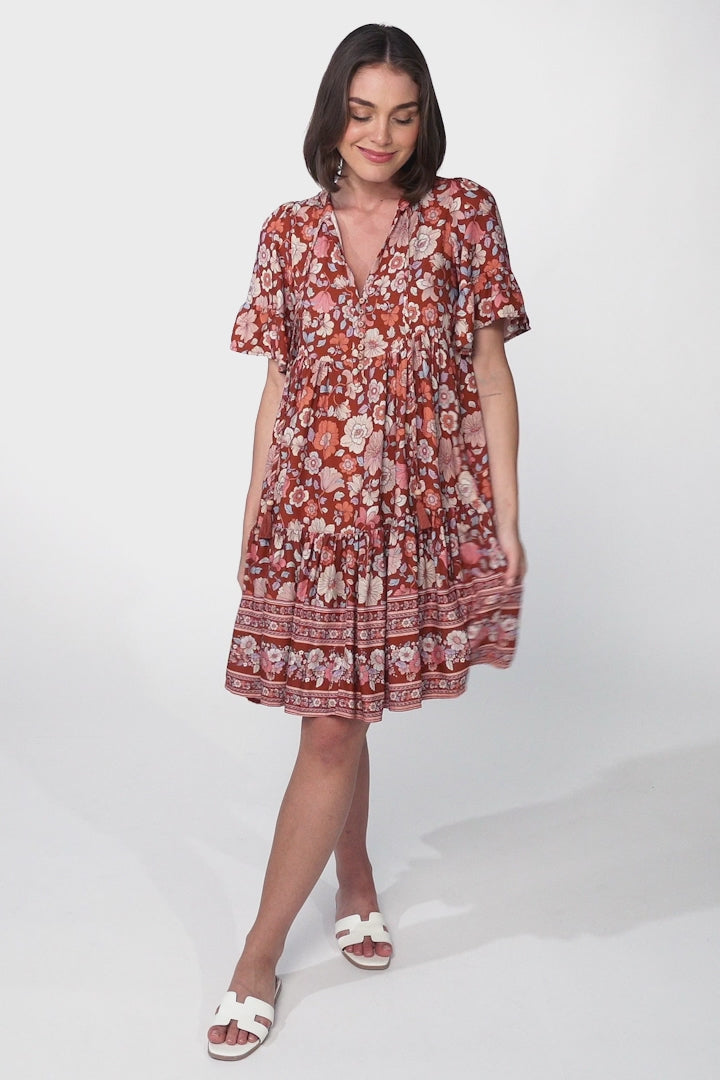 Lilou Mini Dress - Pull Over Dress With Buttoned Bodice in Anissa Print Rust