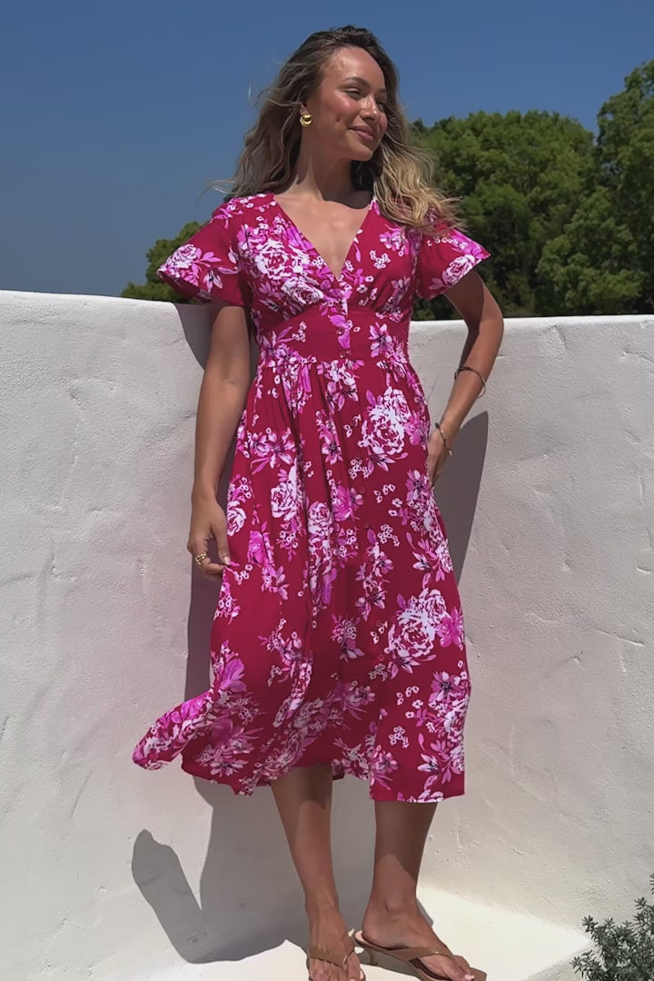 Anais Midi Dress - Cap Flutter Sleeve Button Down A Line Dress in Kimberly Print